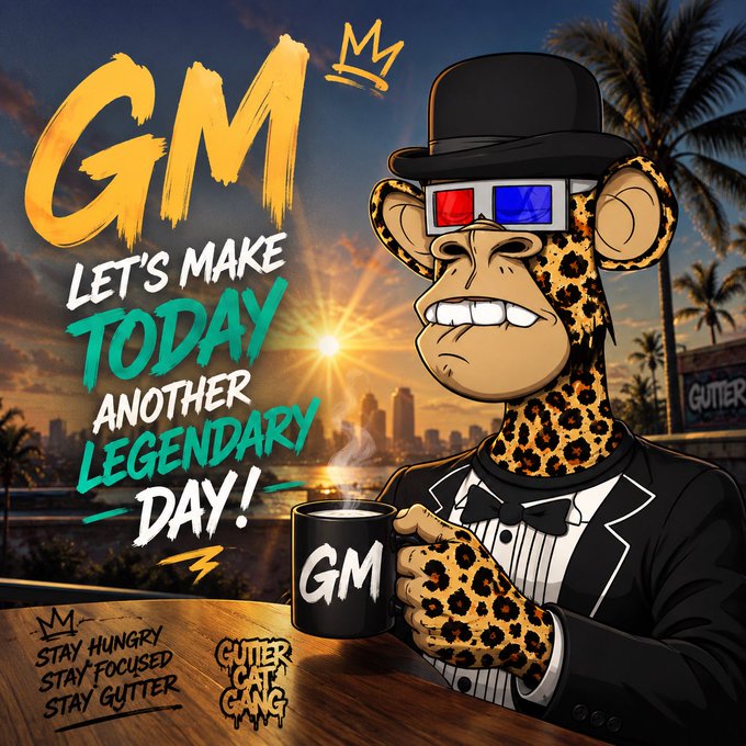 A 'GM' (Good Morning) NFT-style graphic featuring an anthropomorphic leopard wearing 3D glasses, a top hat, and a tuxedo holding a 'GM' coffee mug, with text 'LET'S MAKE TODAY ANOTHER LEGENDARY DAY!' and 'STAY HUNGRY STAY FOCUSED STAY GUTTER' from Gutter Cat Gang.