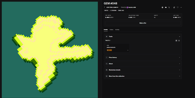 Screenshot of an NFT marketplace showing a 3D isometric yellow voxel cactus-like shape (GEM #048) on a green background, listed for 0.0021 WETH with details including owner '0xef56...88d8' and traits like 'yellow dactylifera'.