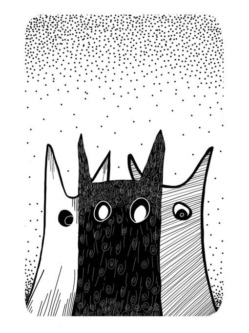 A black and white ink illustration of three stylized cats with pointed ears peering upward against a background of scattered dots.