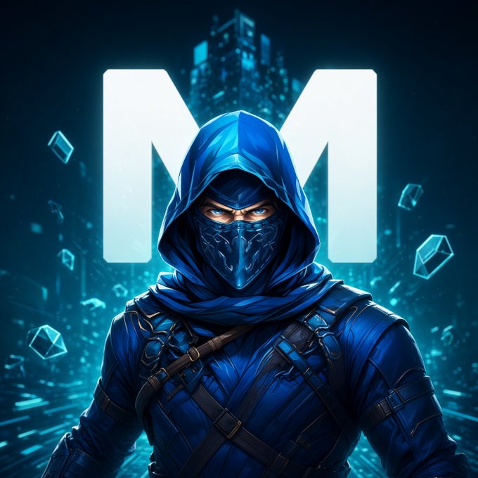 A digital artwork of a hooded figure in blue tactical gear and glowing mask, standing in front of a large letter 'M' in a futuristic city.