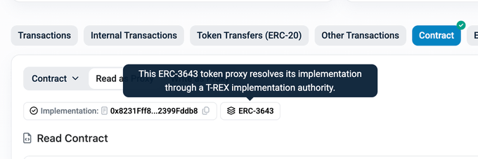 A blockchain explorer interface (Etherscan) showing a contract page with a tooltip explaining that an ERC-3643 token proxy resolves its implementation through a T-REX implementation authority.