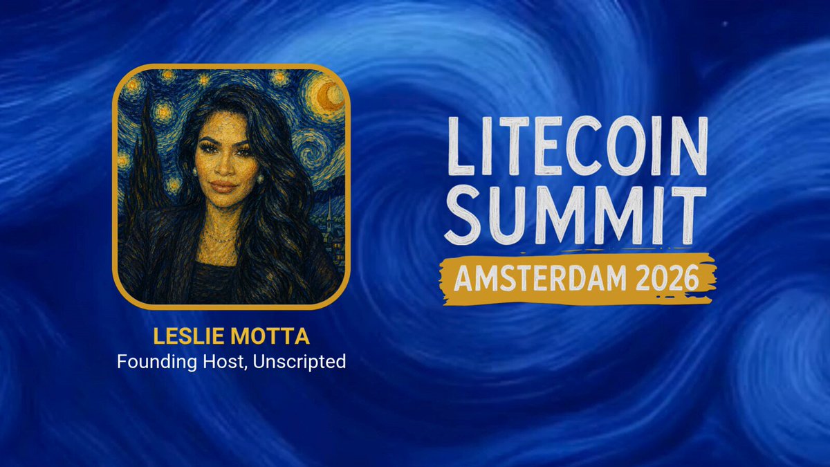 The image features a woman with long hair wearing a black top against a blue background, which appears to be a painting of waves or swirls. The text "Litecoin Summit Amsterdam 2016" is written below her picture, indicating that she is the host of an event named "Litecoin Summit Amsterdam 2016".