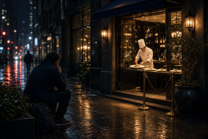 A person in dark clothing sits on a wet city street at night, looking toward a chef in a white uniform and hat preparing food inside a warmly lit restaurant.