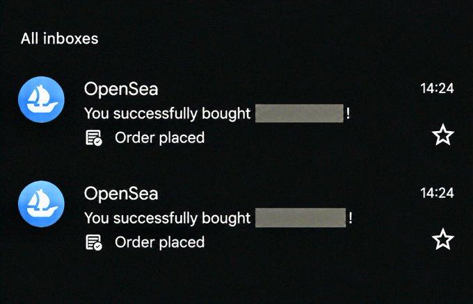 A dark-themed email inbox showing two notifications from OpenSea stating 'You successfully bought' an item, with timestamps of 14:24.