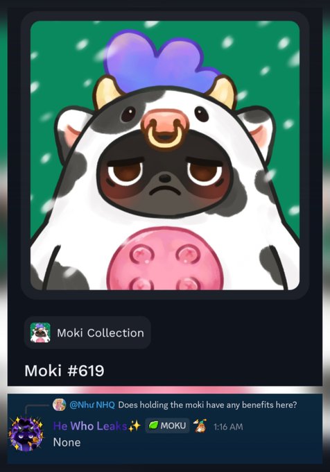 The image features a cartoon cow character with a sad expression, wearing a hat and a mask. The caption of the image reads "What do you do with your @Moku_HQ payout? Buy another moki ofc... NFA cuz @BruceMoku said they have no benefits...I am just doubling down. Thanks @xbunnyxmeowx for letting me adopt this cutie!".