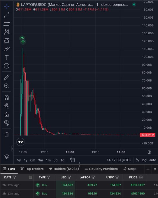 A DexScreener chart shows $LAPTOP/USDC plummeting from a peak near $130B to $604.21M in market cap, with the buying trader's $124,597 USDC swaps (priced at $316.3497 and $163.1990 per LAPTOP) illustrating the catastrophic loss of approximately $250,000 within an hour.
