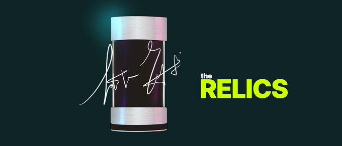 A sleek black container with silver accents and white signatures is displayed alongside the bold text "the RELICS" in white and neon green, promoting "the RELICS" NFT mint collaboration by CEDOMIS.
