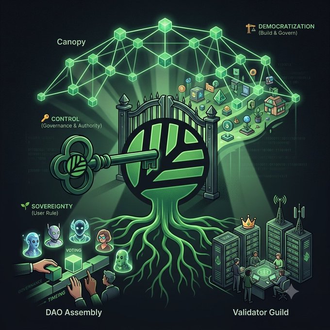 The image depicts an illustration of a tree with roots growing out from its trunk, symbolizing the idea that power can be gained through various means other than just holding tokens. It also features a key-shaped element within the tree, representing the concept of governance rights and control over the network. The post emphasizes the importance of understanding these elements in Web3 to gain true value and authority, rather than merely accumulating tokens for personal gain or power.
