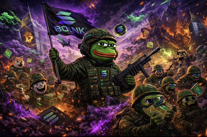 The image features a cartoon character, Pepe the frog, holding a flag with the word "BOINK" written on it. The character is surrounded by other cartoon characters who are also holding flags or banners. The scene takes place in a war-torn city where buildings have collapsed and rubble is scattered around. The post about Boink's meme war suggests that this image could be related to a social media campaign, possibly promoting the use of humor and creativity for spreading awareness or generating interest in a cause.