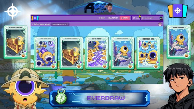 The image shows a promotional graphic for the Web3 gaming project "EVERDRAW," featuring its vibrant quest selection interface with colorful game cards, alongside a cartoon explorer character and an illustrated avatar. The banner header reads "BUTLER BY BUTLER," with the navigation menu displaying "HOME, COLLECTION, QUESTS, OUR, DISCORD, @gracecallsangels," highlighting the project's quest-based gameplay as promoted in the accompanying post.
