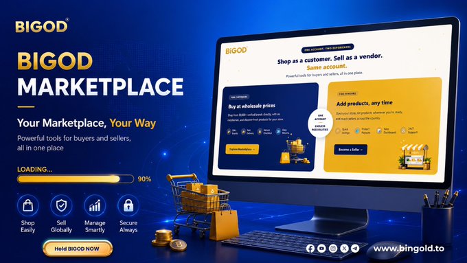 An advertisement for 'BIGOD MARKETPLACE' with the tagline 'Your Marketplace, Your Way' shows a computer monitor displaying the website (www.bingold.to), featuring options to 'Buy at wholesale prices' and 'Add products, anytime.'