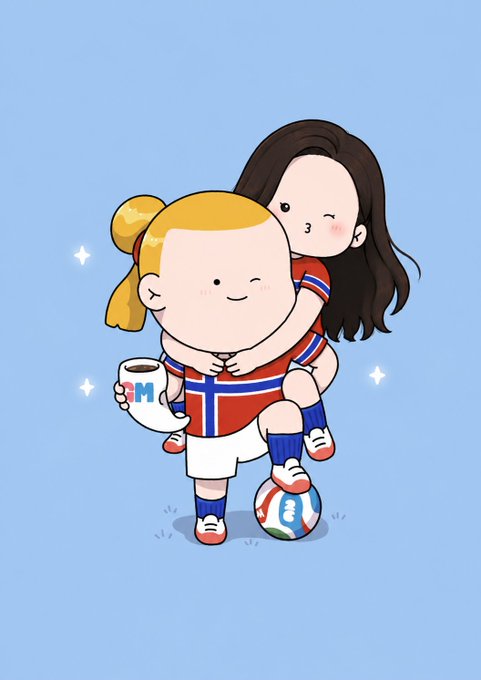 A cute cartoon illustration of a couple, with a girl hugging a boy from behind while he stands on a soccer ball, both wearing red and blue soccer jerseys, against a light blue background with sparkle effects.