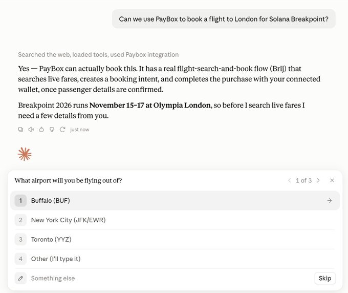 A screenshot of an AI assistant conversation where a user asks about using PayBox to book a flight to London for Solana Breakpoint (November 15-17 at Olympia London), and the assistant begins gathering departure airport options showing Buffalo (BUF), New York City (JFK/EWR), Toronto (YYZ), or a custom option.