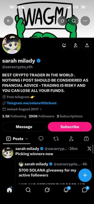 An X/Twitter profile page for 'sarah milady' (@saracrypto_eth) displays 3.5K Following, 290K Followers, and posts about crypto giveaways and active followers.