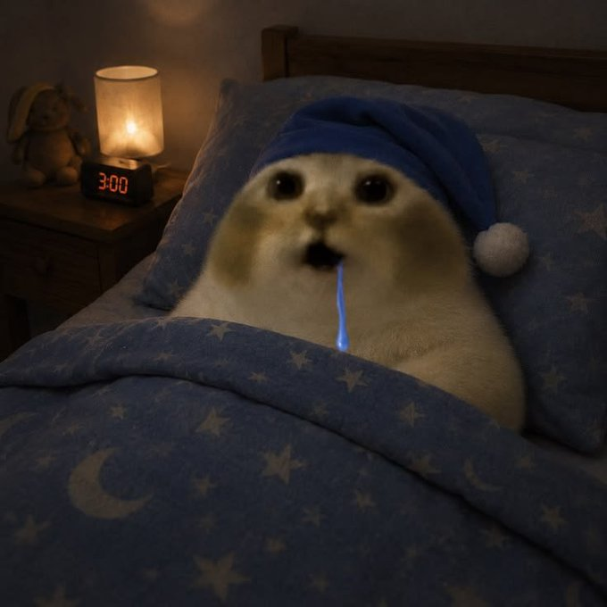 A humorous edited image of a shocked-looking hamster wearing a blue nightcap in bed, drooling blue, with a digital clock showing '3:00' and a candle on the bedside table.