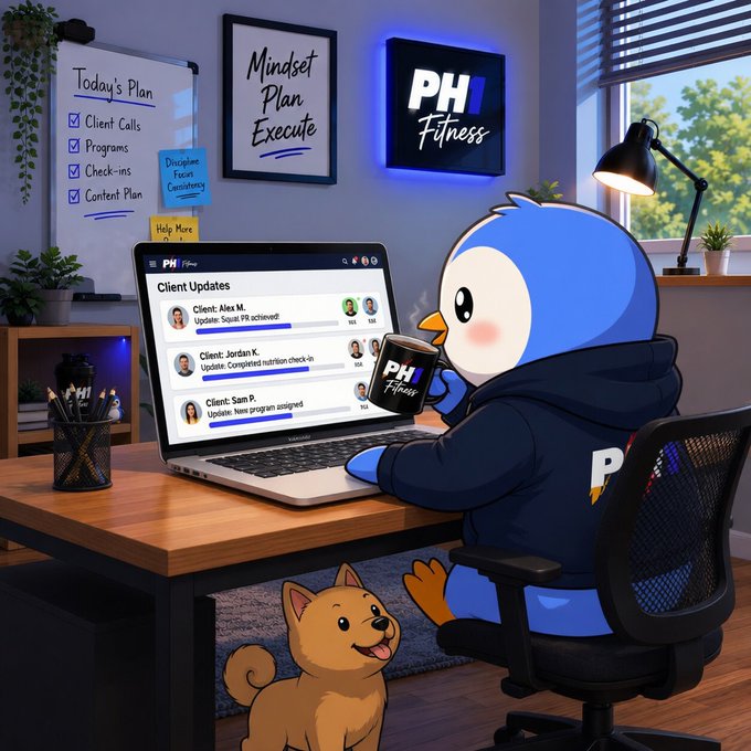 The image features a cartoon penguin sitting at a desk with a laptop computer open in front of him. A dog is standing next to the desk, looking up at the penguin as if trying to understand his actions or engage in conversation. The background includes a whiteboard and several potted plants, creating an office-like atmosphere.

The post that accompanies this image reads: "$PENGU morning, fam. love me a Monday." This message is written in black text at the bottom of the image, which seems to be related to the cartoon penguin's activities on the laptop or the dog's presence near it.