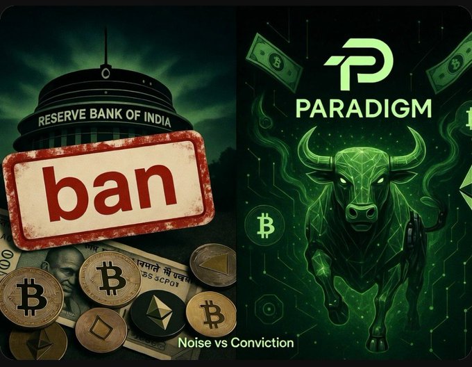 A split graphic showing the Reserve Bank of India building with a red 'ban' stamp and cryptocurrency coins on the left, contrasted with the 'PARADIGM' logo featuring a green bull and money imagery on the right, captioned 'Noise vs Conviction.'