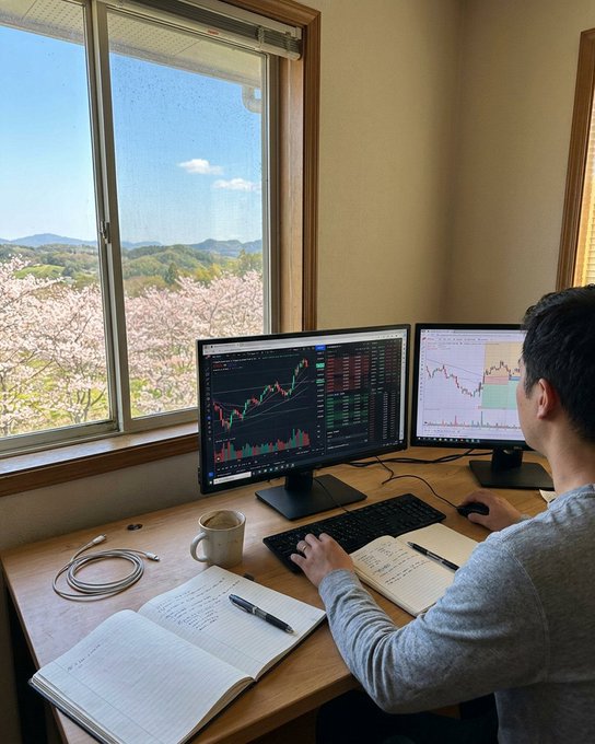 A man works at a desk with two monitors displaying trading charts and graphs, with handwritten journals and a coffee mug nearby, looking out a window at cherry blossoms and distant mountains.