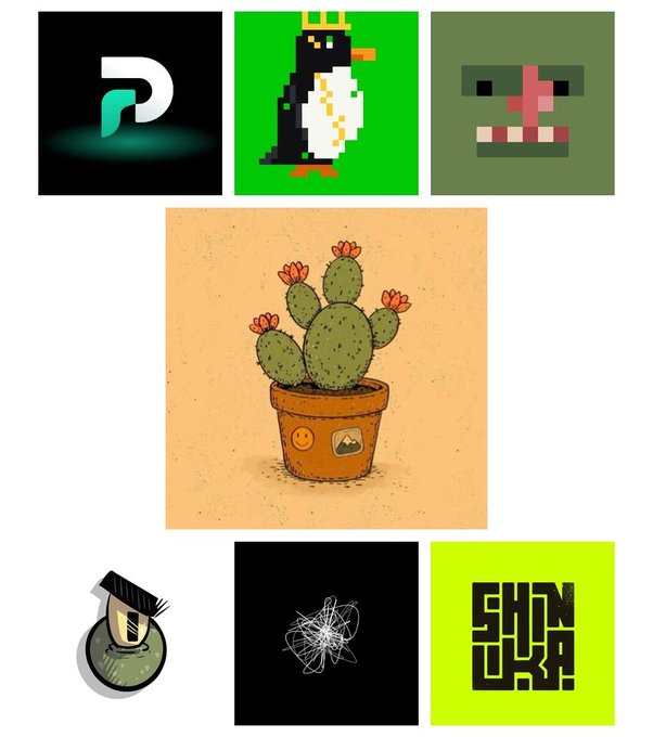 A collage of various digital art pieces and logos, including pixel art of a penguin and a zombie face, an illustrated potted cactus, and abstract graphic designs.