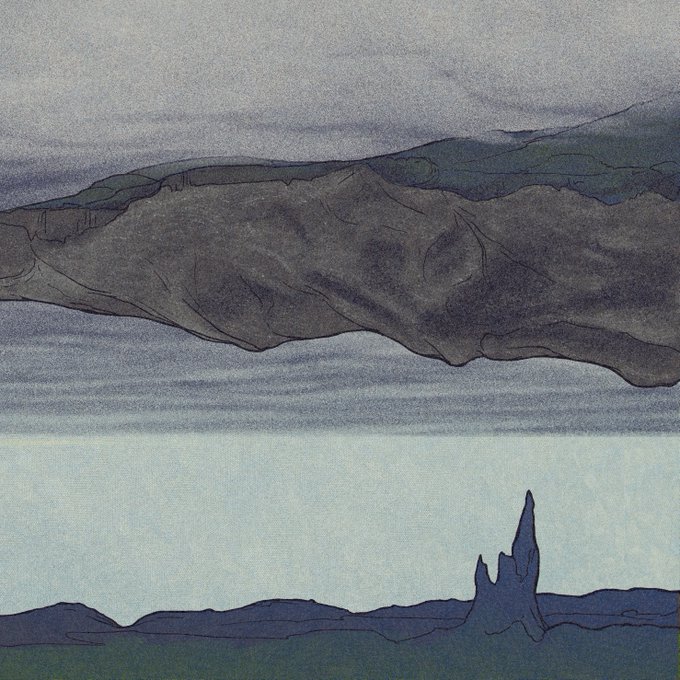 A minimalist, textured illustration of a moody landscape with a dark mountain silhouette hovering over a body of water, featuring a small pointed island.