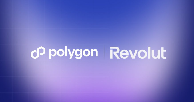 The image features the logos of "Polygon" and "Revolut" displayed side by-side on a blue gradient background, visually announcing the partnership mentioned in the post where Revolut launched its euro-backed stablecoin (EURR) on the Polygon network.