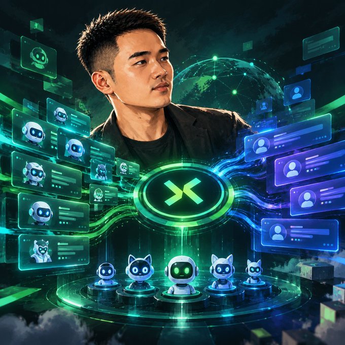 A digital artwork shows a man in a black jacket looking forward, surrounded by floating green and blue futuristic interface panels and small white robot figures, with a central green 'X' emblem.