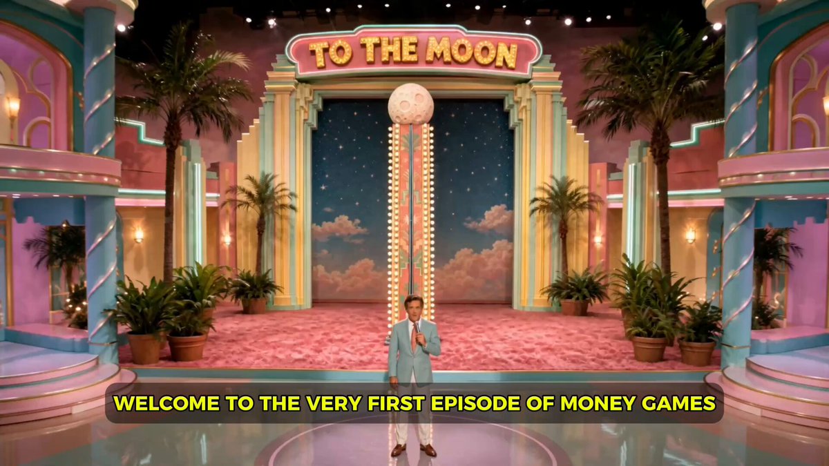 The image features a man standing on stage with a microphone, holding a sign that reads "Welcome to the very first episode of money games". The background shows a stage set up for a game show or event related to money. There are palm trees in the scene and potted plants scattered around the area. A large screen is also visible behind the man, possibly displaying information about the game show or other relevant details.