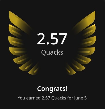 The image features a gold-colored bird's wing with the text "Congratulations! You earned 2.57 Quacks for @wallchain in one day." The wing design suggests that the user has achieved something significant, possibly related to the Quack Quack game or a similar achievement within the context of the game.