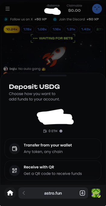 A mobile app screen for a betting or gaming platform showing a rocket illustration, 'WAITING FOR BETS' text, a $0.00 balance, and a 'Deposit USDG' menu with options to transfer from a wallet or receive with QR.