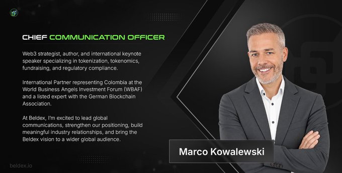 A professional headshot of a smiling man in a gray suit identified as 'Marco Kowalewski,' titled 'CHIEF COMMUNICATION OFFICER' for Beldex (beldex.io), described as a Web3 strategist.