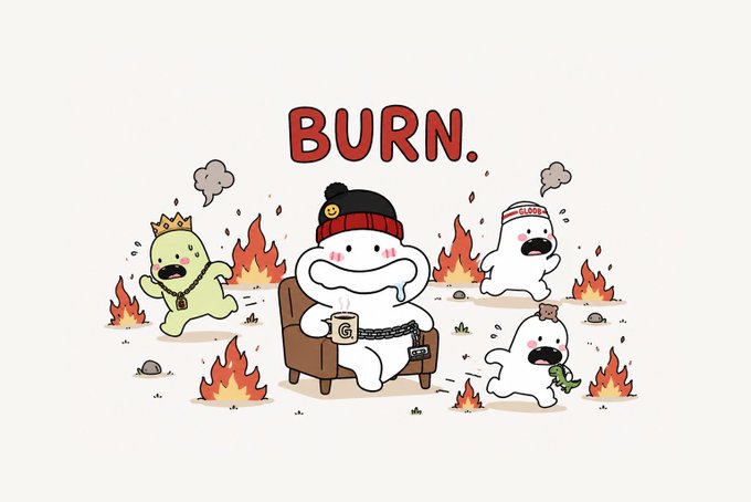 A cartoon "BURN." scene shows panicked Gloobs fleeing flames while a smug central character in a beanie and chain sips coffee from a mug labeled "G," with one Gloob wearing a "1,000" headband and others crying as fire surrounds them—illustrating the post's message that 1,300 OG Gloobs must be burned/minted to cross the gate and claim a free Robinhood mint.