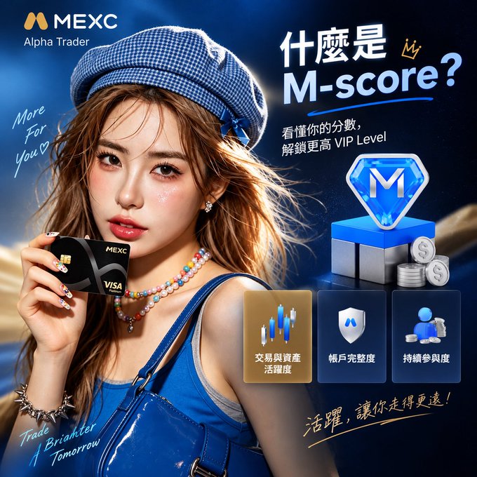 A promotional MEXC Alpha Trader advertisement features a young woman holding a MEXC Visa card, explaining the M-Score tier system with headlines "什麼是 M-score?" (What is M-score?) and "看懂你的分數，解鎖更高 VIP Level" (Understand your score, unlock a higher VIP level), showing criteria for trading activity, account completeness, and continued participation to boost rewards.