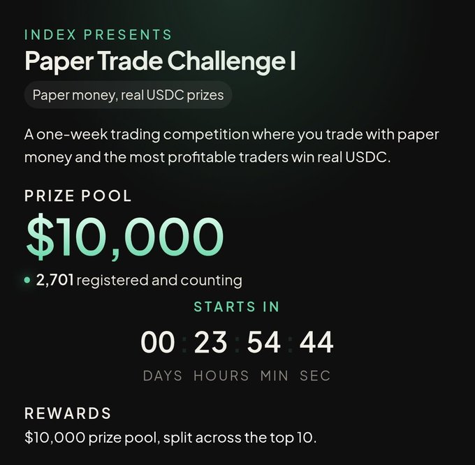 A promotional graphic for a 'Paper Trade Challenge' by INDEX with a $10,000 prize pool, showing 2,701 registered participants and a countdown timer starting in 00 days, 23 hours, 54 minutes, 44 seconds.