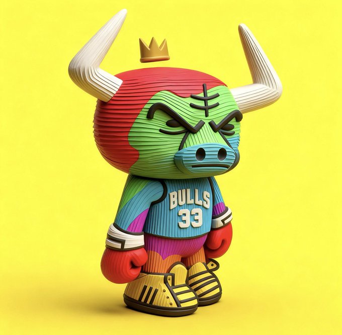 A 3D rendered figurine of a cartoonish bull wearing a blue basketball jersey with 'BULLS 33', a small golden crown, and yellow sneakers, posed against a bright yellow background.