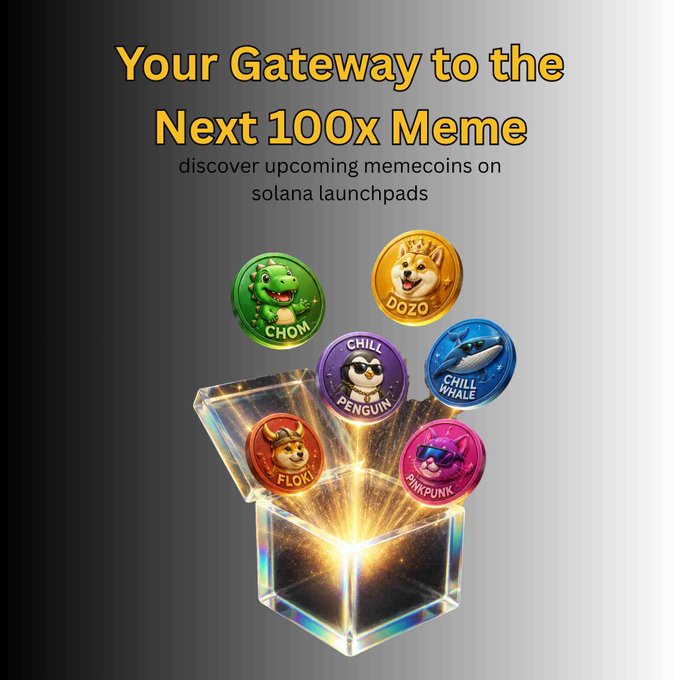 An advertisement for Solana memecoin launchpads reads "Your Gateway to the Next 100x Meme" with the subtitle "discover upcoming memecoins on solana launchpads," featuring tokens labeled CHOM, DOZO, CHILL PENGUIN, CHILL WHALE, FLOKI, and PINKPUNK emerging from a glowing box.