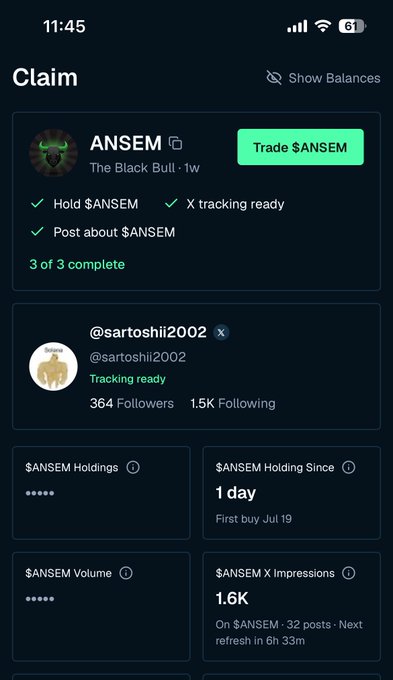 A mobile app screen titled 'Claim' showing a profile for '$ANSEM' with 'Trade $ANSEM' button, indicating a completed social media task (3 of 3 complete) with 1.6M X impressions on 32 posts.