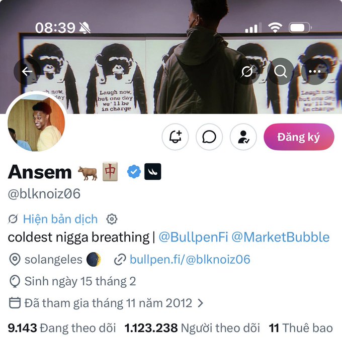 The X/Twitter profile of Ansem (@blknoiz06) with bio 'coldest nigga breathing | @BullpenFi @MarketBubble,' showing 1,123,238 followers and location as Los Angeles.