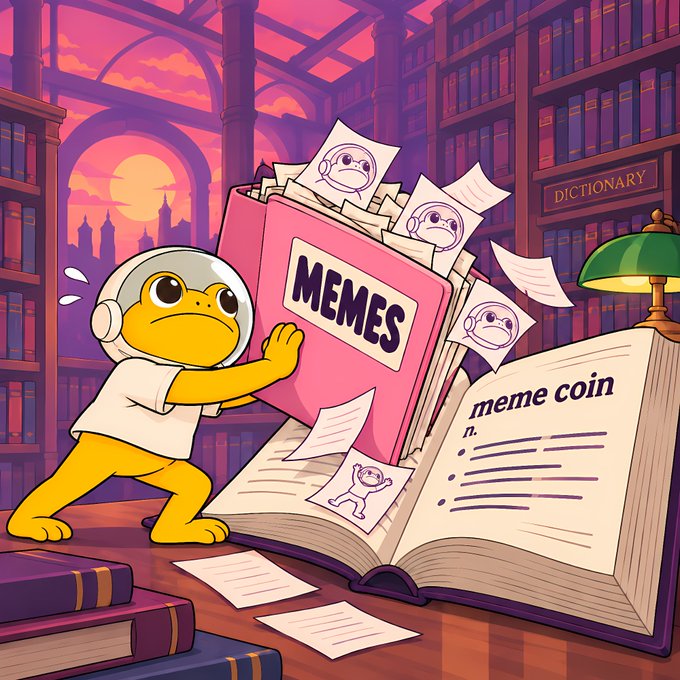 An illustration of a frog wearing a helmet pushing a giant pink book labeled 'MEMES' onto an open dictionary defining 'meme coin', set in a library with a sunset visible through the windows.