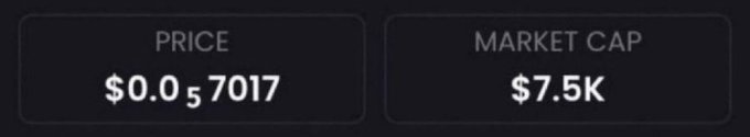 The image displays two statistics for a memecoin: a price of $0.057017 and a market cap of $7.5K, reinforcing the post's claim about an early-stage token being promoted to followers.