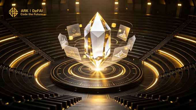 A glowing golden crystal sits at the center of a futuristic circular chamber with intricate metallic rings, surrounded by floating data panels, while the text "ARK | DeFAI Code the Future" appears in the upper left. The imagery reinforces the post's theme of execution and innovation, symbolizing the polished, refined core of the Arkie AI App as each enhancement elevates the AI Agents and the broader ARK ecosystem.