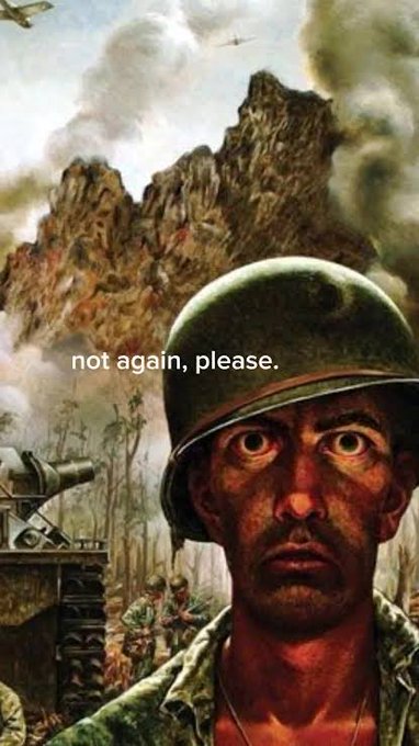 A weary, battle-worn soldier with wide, haunted eyes stares out from a war-torn jungle landscape, with the text "not again, please." overlaid across his face. The image humorously captures the collective exhaustion and dread many feel toward yet another wave of NFT trends—this time Music NFTs—suggesting weary resignation at the constant cycle of crypto fads.