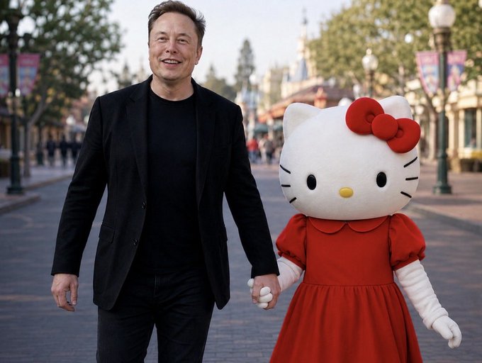 AI-generated or photo-manipulated image of Elon Musk holding hands with a Hello Kitty character in a red dress on a street that appears to be in a theme park.