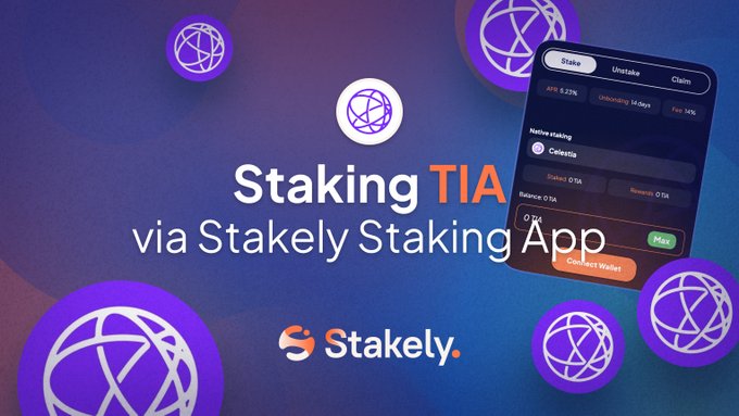 A promotional graphic for 'Staking TIA via Stakely Staking App' featuring the Stakely logo and an app interface screenshot showing staking options.