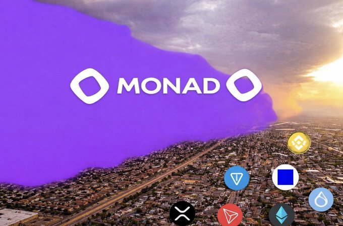 Promotional graphic for 'MONAD' cryptocurrency, featuring its logo over an aerial cityscape at sunset, surrounded by icons of other crypto tokens including XRP, Ethereum, BNB, Sui, and VeChain.