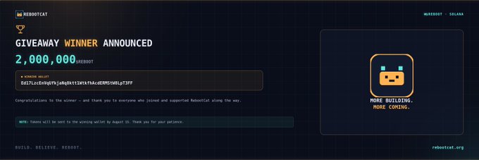 A dark webpage announcing a giveaway winner for REBOOTCAT, showing a prize of '2,000,000' and a winner's wallet address, with a pixel-art cat logo and the text 'MORE BUILDING. MORE COMING.'