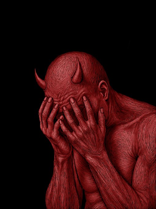 A detailed red illustration of a horned, humanoid figure covering its face with both hands against a black background.