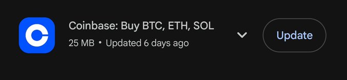 The image shows an App Store listing for "Coinbase: Buy BTC, ETH, SOL," featuring the blue Coinbase logo, a file size of 25 MB, and an "Updated 6 days ago" notice alongside an "Update" button. This visually reinforces the post's call to update the Coinbase app, likely tied to support for the $BASE token.