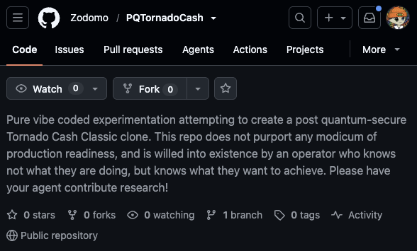 A GitHub repository page for 'Zodomo / PQTornadoCash', described as 'Pure vibe coded experimentation attempting to create a post quantum-secure Tornado Cash Classic clone.'