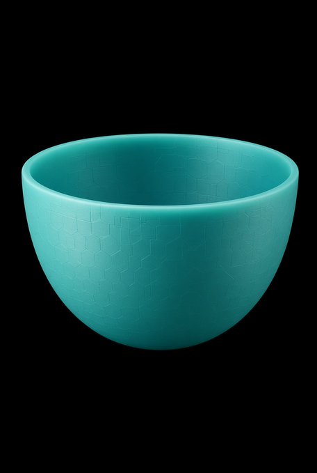A simple teal-colored ceramic bowl with a subtle hexagonal pattern, photographed against a black background.