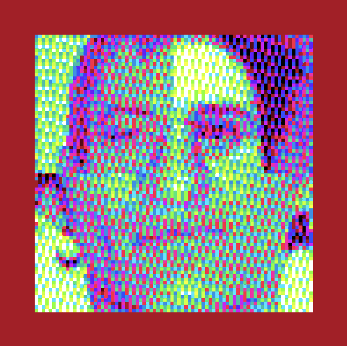 An abstract digital artwork composed of densely packed, vibrant colored squares in a pixelated pattern, framed by a solid red border.